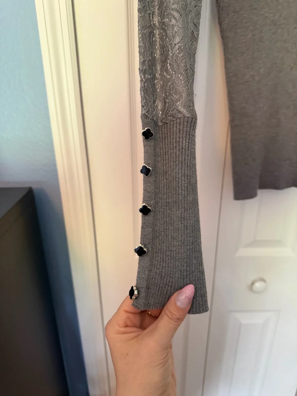 VENUS Gray Long Sleeve Lace Inset Ribbed Top - Picture 2 of 3